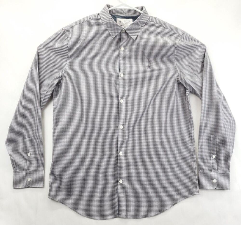 Penguin Shirt Mens Large Purple White Check Cotton Long Sleeve Classic Button-Up
